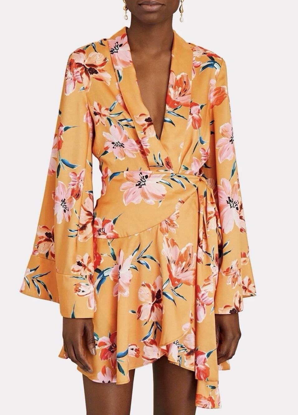 Significant Other Size 6 Zoe Orange Bell Sleeve Satin Mini Wrap Dress Party